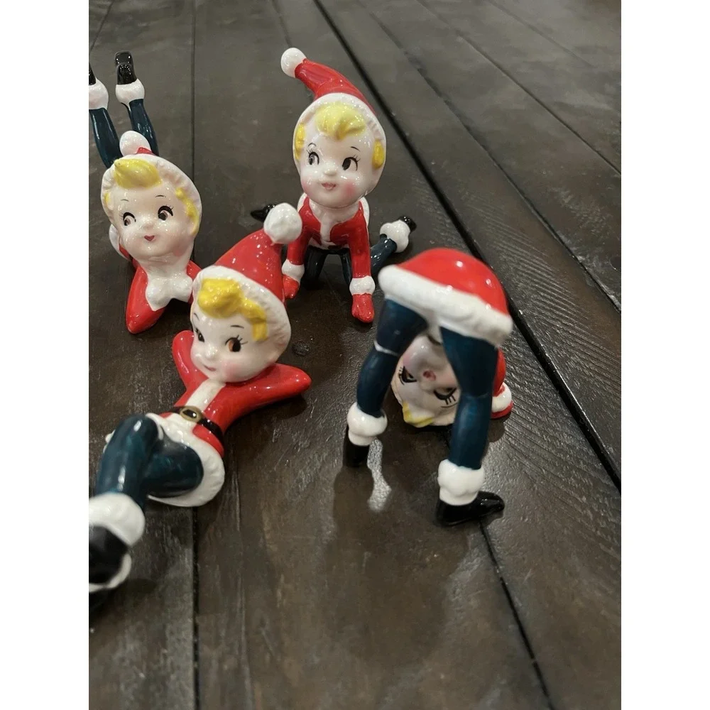 Complete Set of 6 Vintage Christmas Tumbling Elf Pixie Figurines Japan As‎ Is